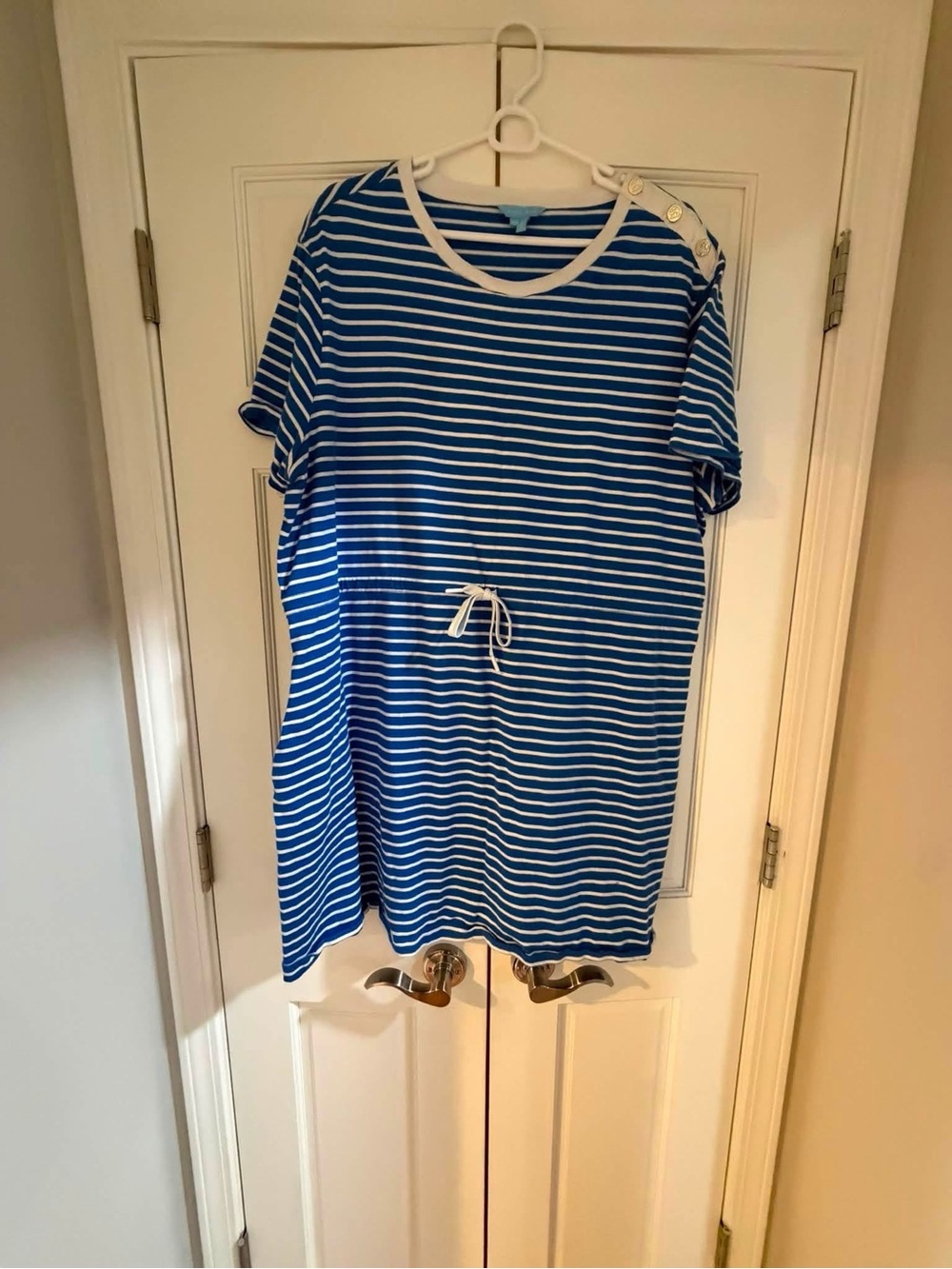 Draper James Blue and White Striped Short Sleeve Drawstring Dress